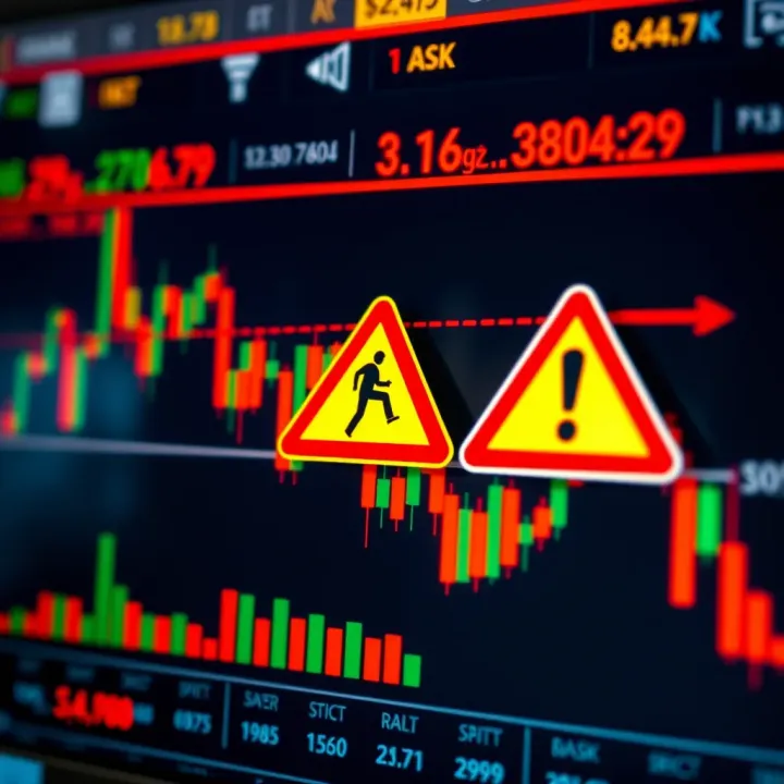 Illustration showing a financial chart with declining trend and warning signs representing risks of binary options fraud