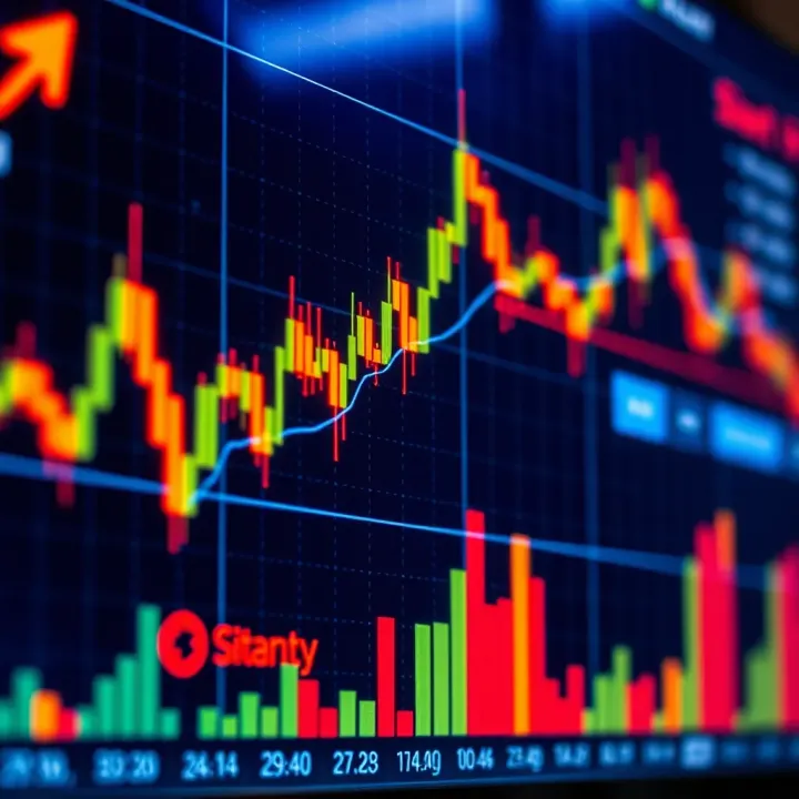 Graph showing financial data trends with highlighted binary options trade signals on a digital screen
