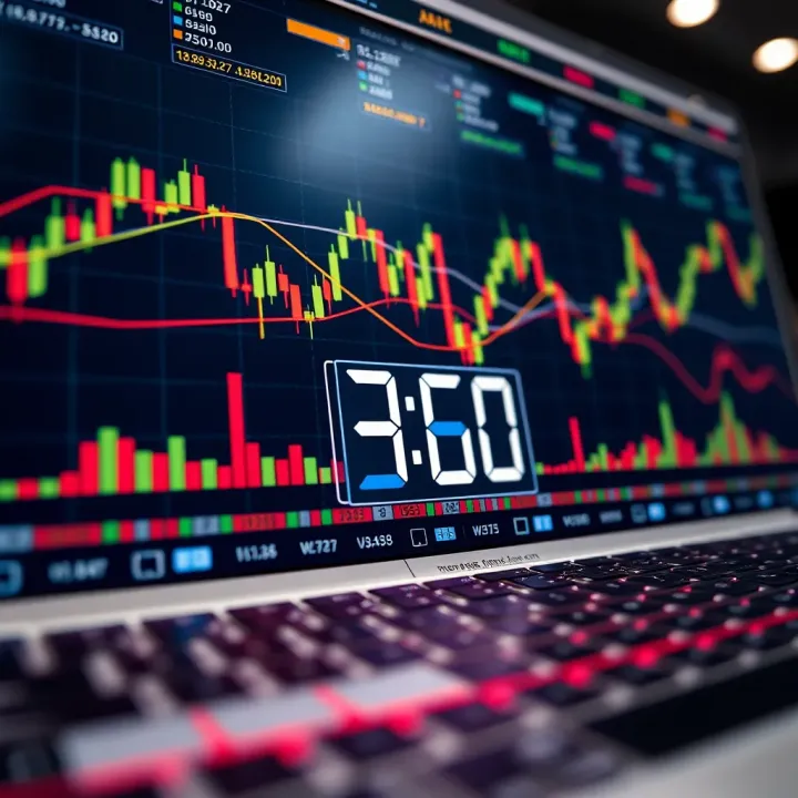 Close-up view of a digital trading platform displaying fast-paced candlestick charts and a countdown timer indicating rapid market changes