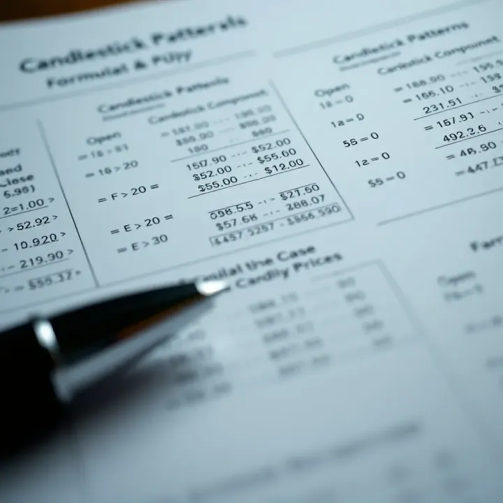 Formula diagrams explaining the calculation of candlestick components like open, close, high, and low prices