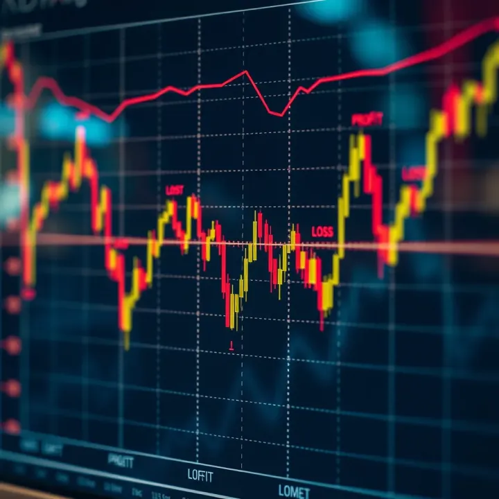Graph displaying currency exchange rate fluctuations with marked profit and loss points