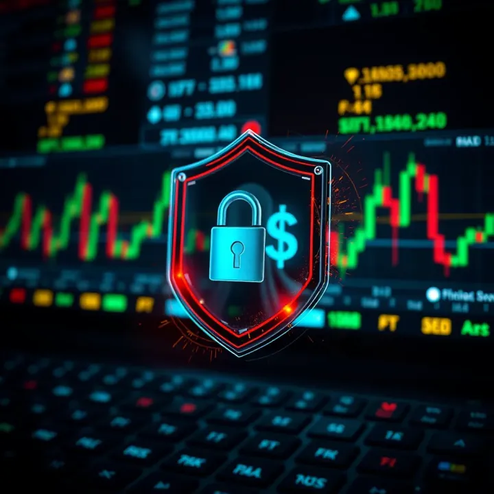 Digital security shield protecting currency symbols and trading charts