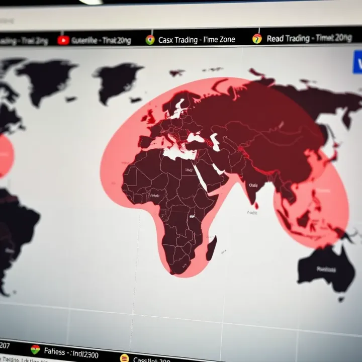 World map highlighting major forex trading sessions across different time zones