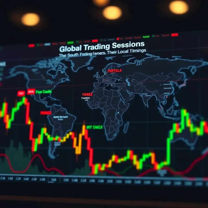 World map highlighting major forex trading centers with their local trading hours