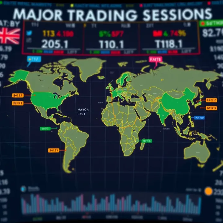 Global map highlighting major forex trading sessions across different continents