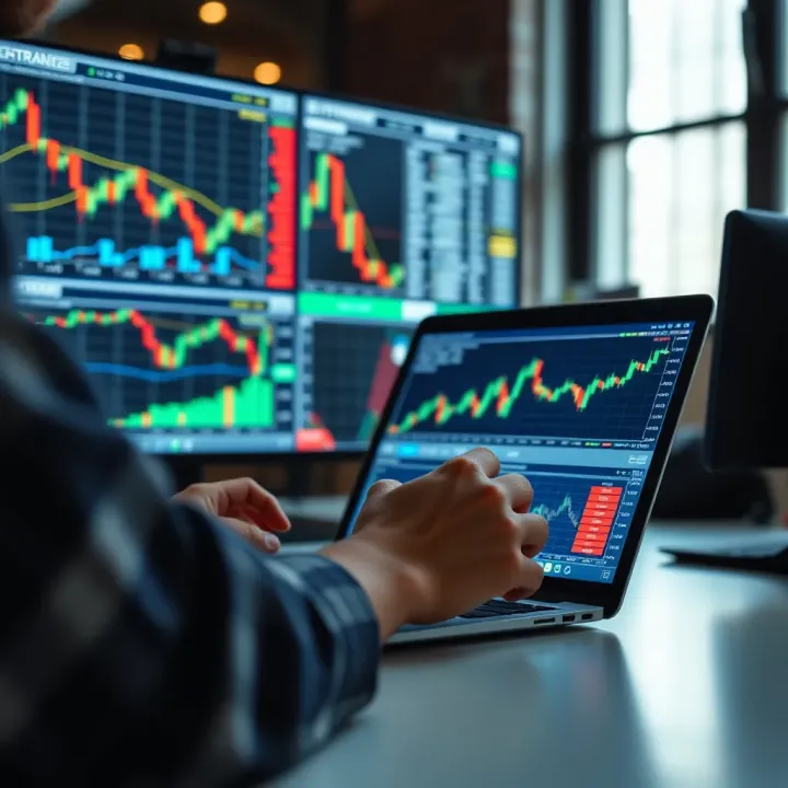 Practicing Strategies with a Binary Trading Demo Account Illustration of a trader using a laptop with charts and indicators depicting market trends in a demo trading environment