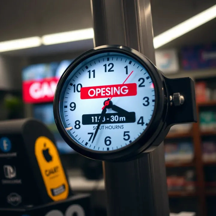 Clock showing the opening and closing times of a game store in South Africa