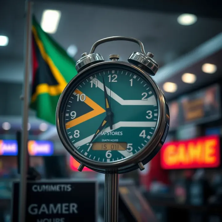 Trading Hours of Game Stores in South Africa Clock showing store trading hours with South African flag in the background
