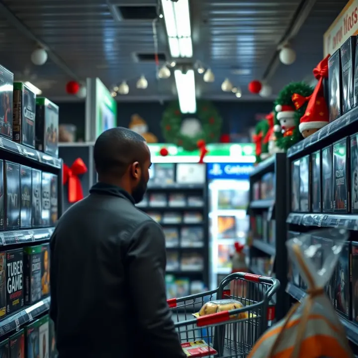 Inside a South African Game Store Highlighting Seasonal Trading Hours A shopper browsing video game shelves inside a South African game store with seasonal decorations visible