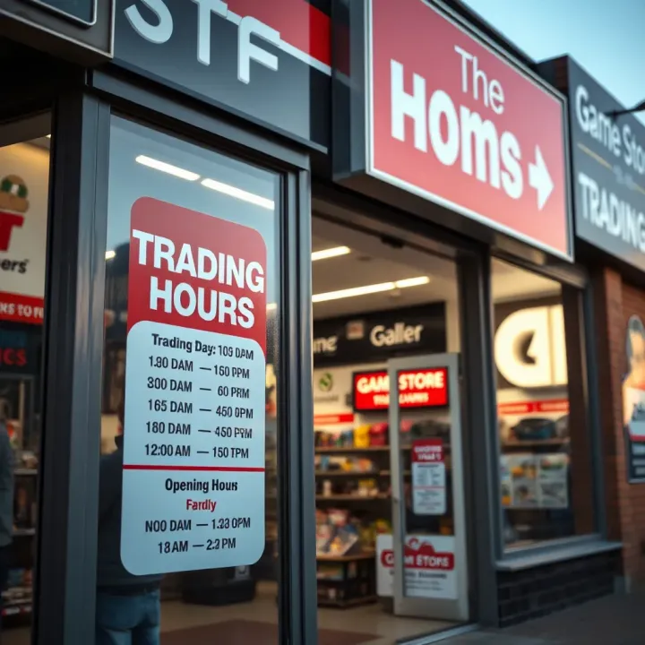 Exterior of a game store in South Africa showing its opening hours on the door during daytime