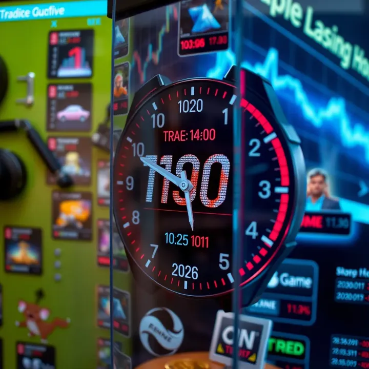 Clock displaying trading hours with digital game icons around it