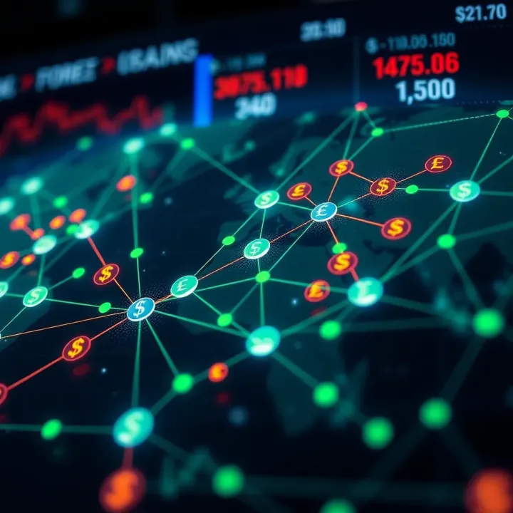Global foreign exchange market with currency symbols and interconnected trading nodes