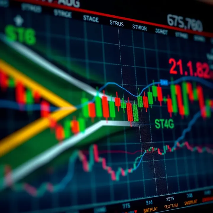Forex Trading Insights Tailored for South African Market South African flag overlaying forex trading charts with currency price trends and market hours