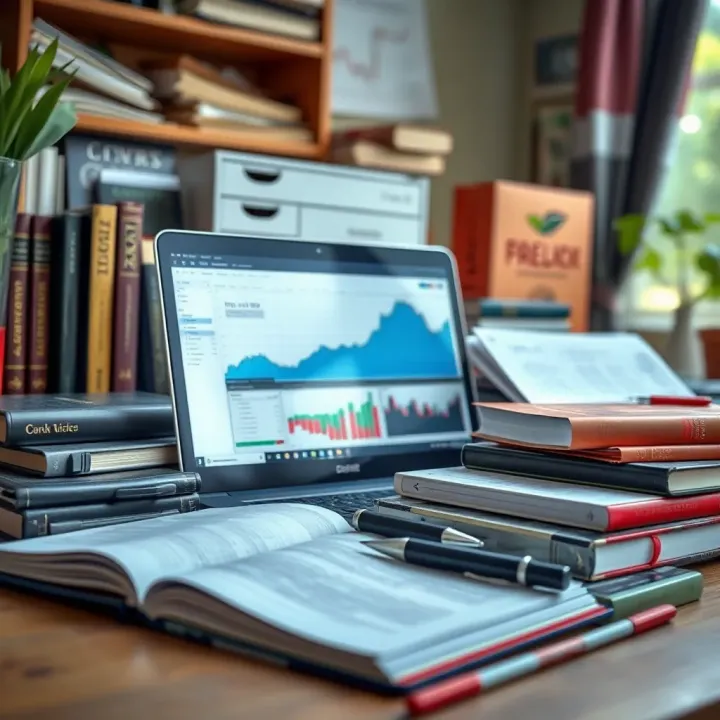 Forex Trading Education Resources and Online Learning Tools Collection of forex trading educational materials including books, laptop, and online course interface