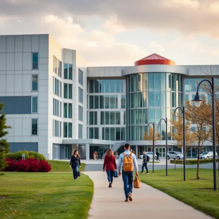 Modern university campus building with students walking on pathways