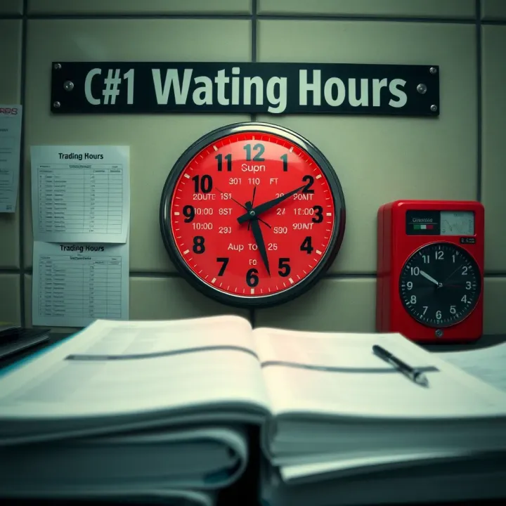 Clock displaying trading hours alongside licence forms and documents