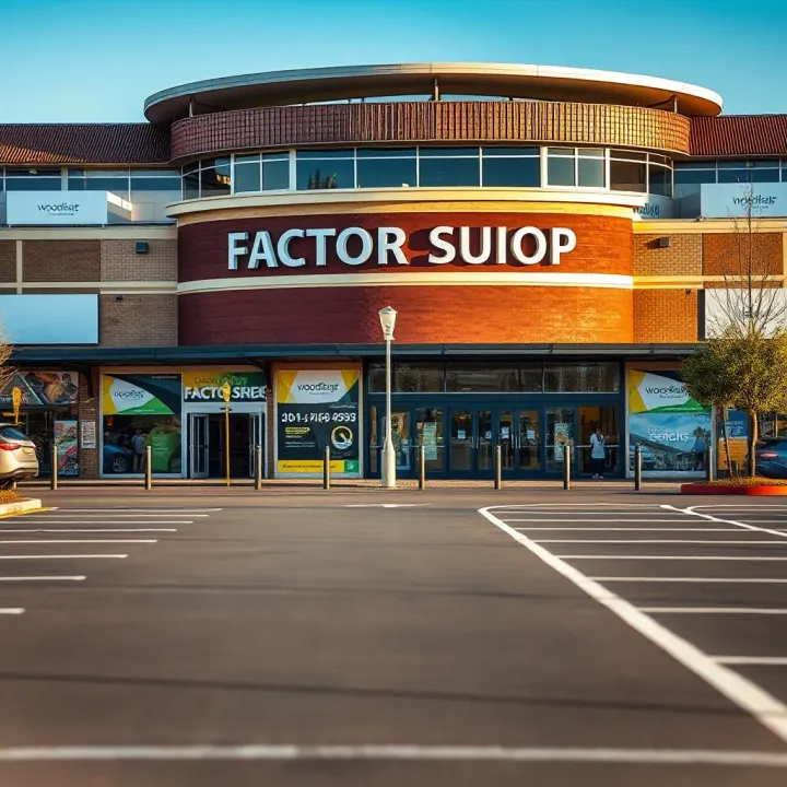 Exterior view of Woodmead Factory Shops showcasing multiple storefronts and ample parking space under clear skies