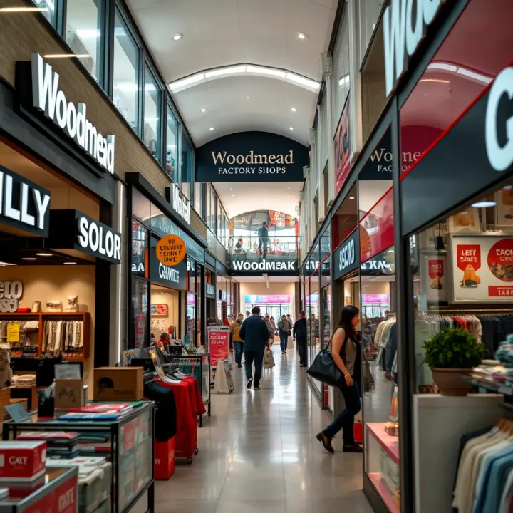 Inside View of Retail Stores at Woodmead Factory Shops Interior of Woodmead Factory Shops with various retail stores and shoppers browsing through merchandise