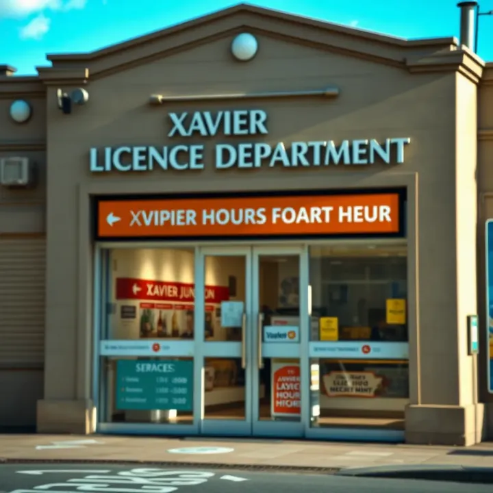 Xavier Junction Licence Department building entrance with signage and operational hours displayed